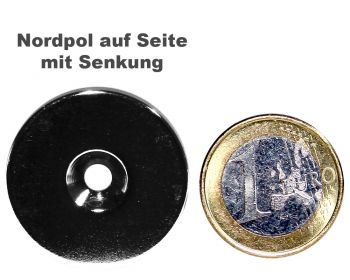 Scheibenmagnet Ø 30,0 mm x 4,0 mm Neodym N35 vernickelt - 4,5 mm Senkl. Nord