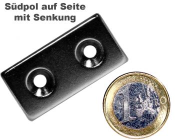 Quadermagnet 40,0 x 20,0 x 4,0 mm Neodym N35 vernickelt - 2 x 4,5 mm Senkl. Süd