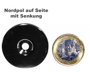 Scheibenmagnet Ø 35,0 mm x 4,0 mm Neodym N35 vernickelt - 4,5 mm Senkl. Nord