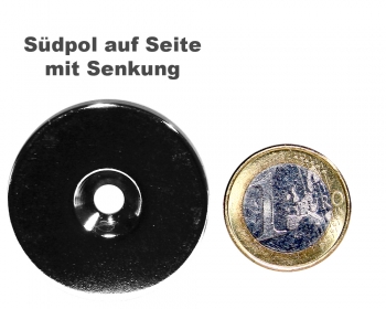 Scheibenmagnet Ø 40,0 mm x 4,0 mm Neodym N35 vernickelt - 4,5 mm Senkl. Süd