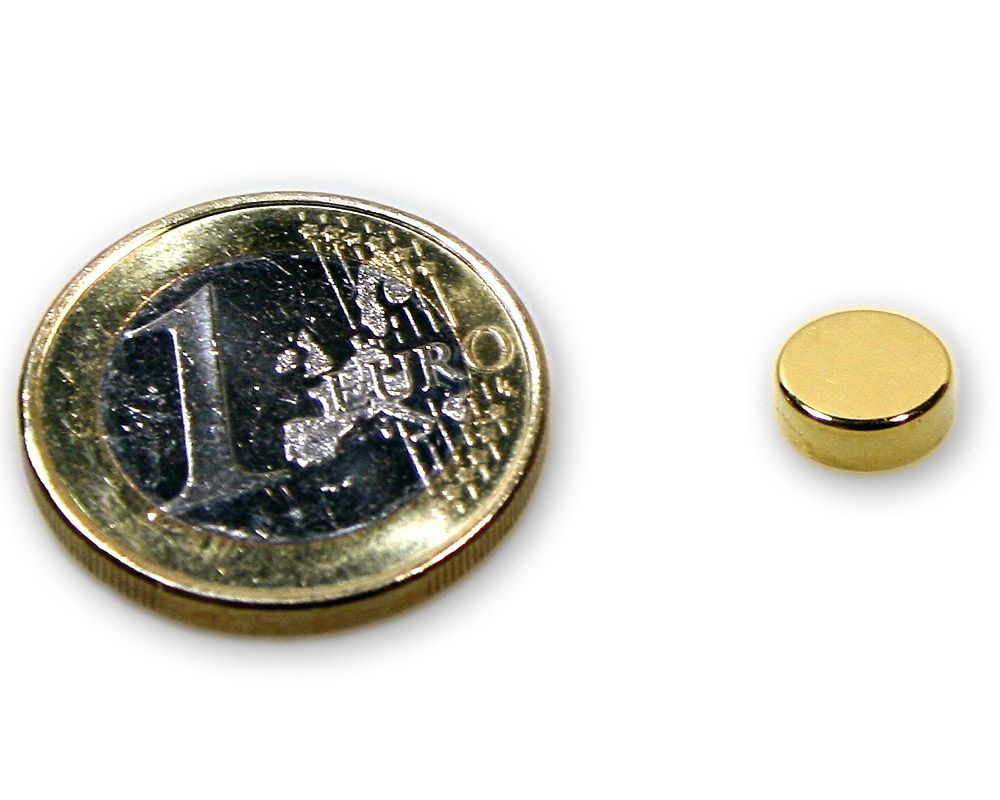 Scheibenmagnet Ø 8,0 x 3,0 mm Neodym N45 vergoldet - hält 1,7 kg