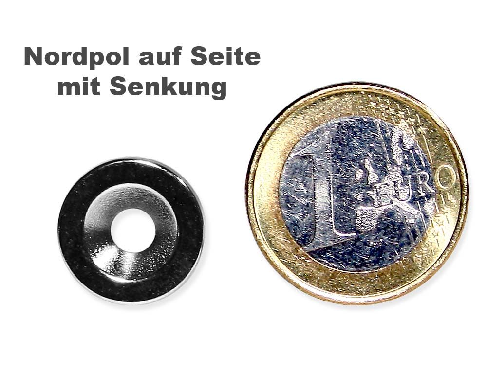 Scheibenmagnet Ø 15,0 mm x 3,0 mm Neodym N35 vernickelt - 4,5 mm Senkl. Nord