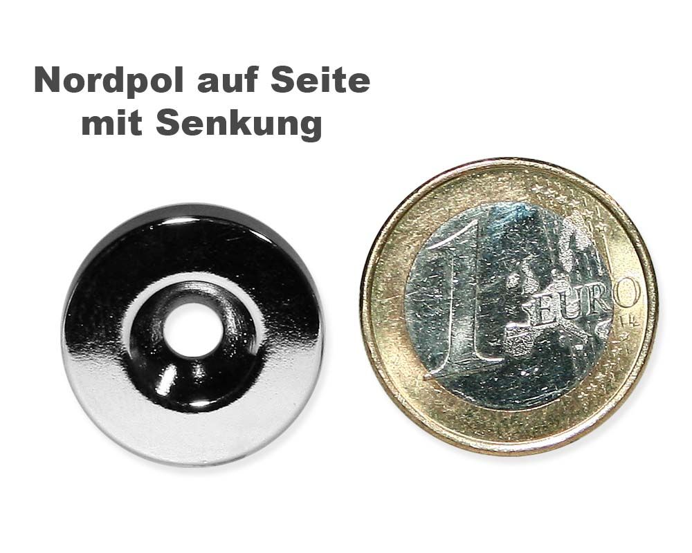 Scheibenmagnet Ø 20,0 mm x 4,0 mm Neodym N35 vernickelt - 4,5 mm Senkl. Nord