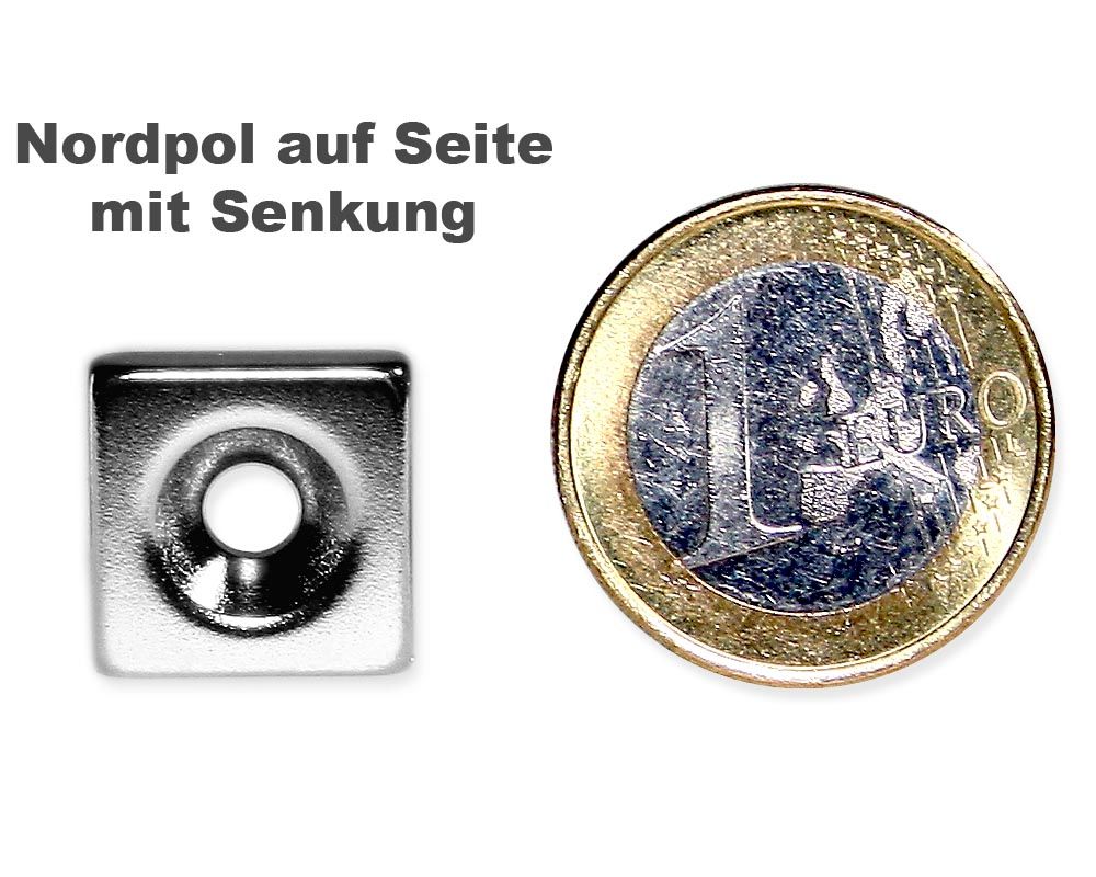 Quadermagnet 15,0 x 15,0 x 4,0 mm Neodym N35 vernickelt -4,5 mm Senkloch Nord