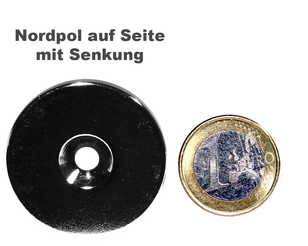 Scheibenmagnet Ø 40,0 mm x 4,0 mm Neodym N35 vernickelt - 4,5 mm Senkl. Nord