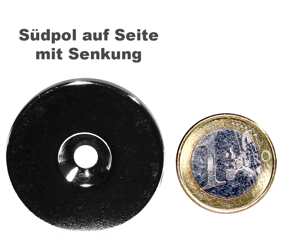 Scheibenmagnet Ø 40,0 mm x 4,0 mm Neodym N35 vernickelt - 4,5 mm Senkl. Süd