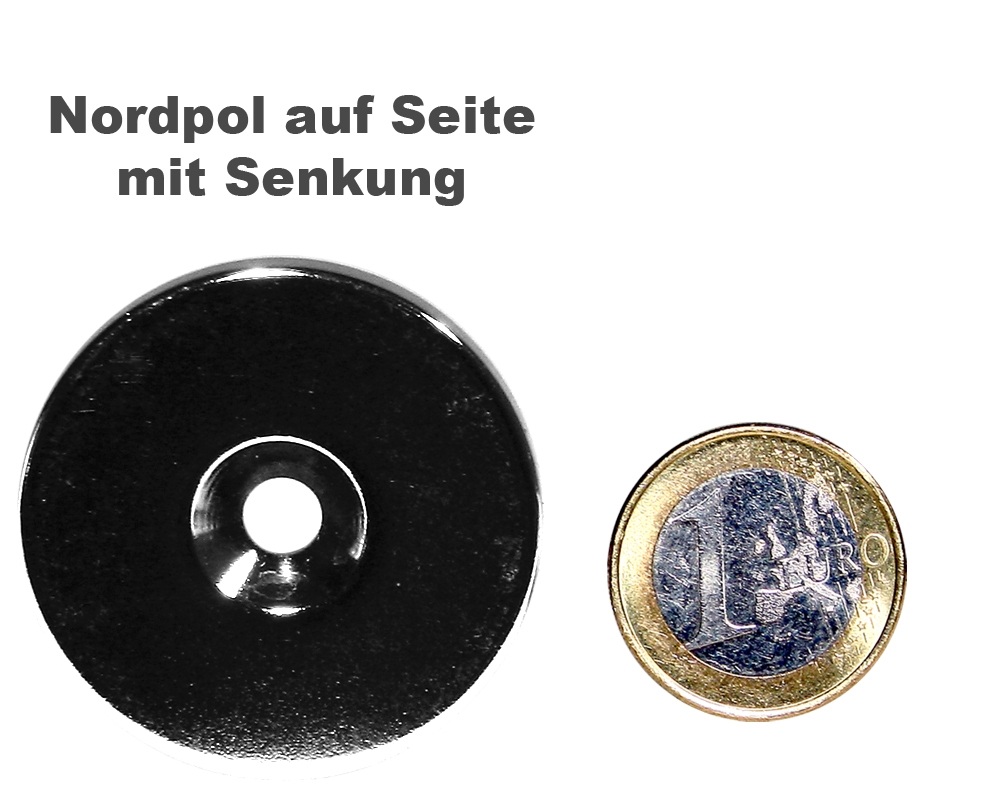 Scheibenmagnet Ø 45,0 mm x 4,0 mm Neodym N35 vernickelt - 4,5 mm Senkl. Nord