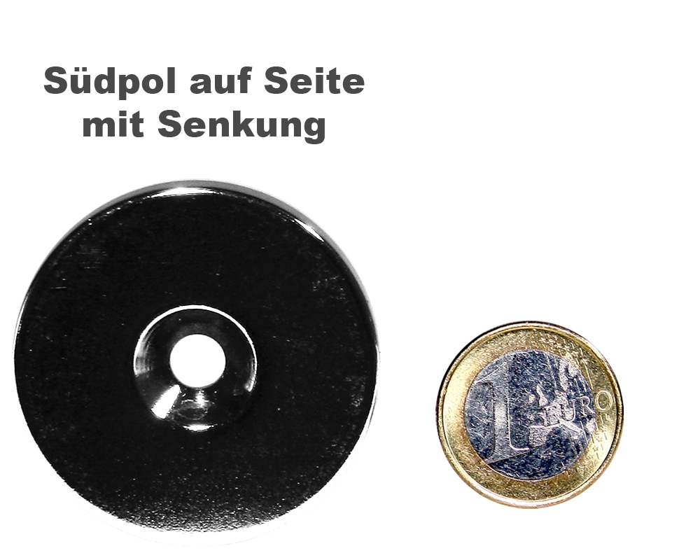 Scheibenmagnet Ø 50,0 mm x 4,0 mm Neodym N35 vernickelt - 4,5 mm Senkl. Süd