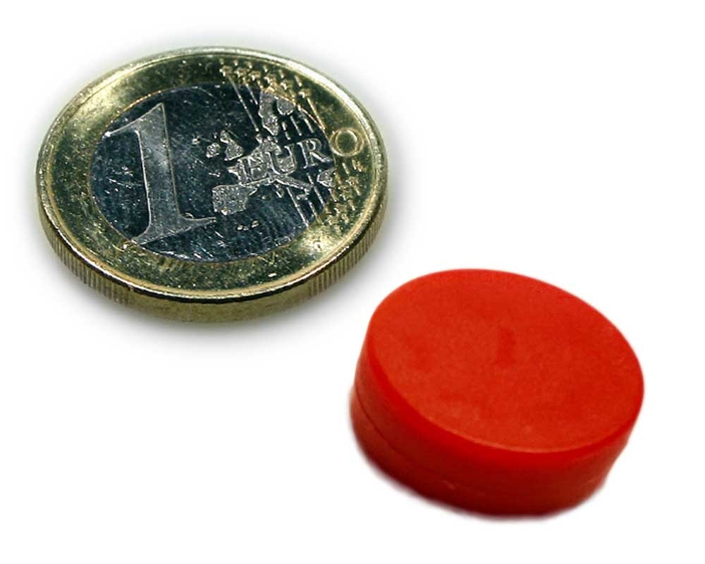 Neodym Magnet Ø 16,0 x 6,0 mm mit Kunststoffmantel - hält 2,6 kg - rot