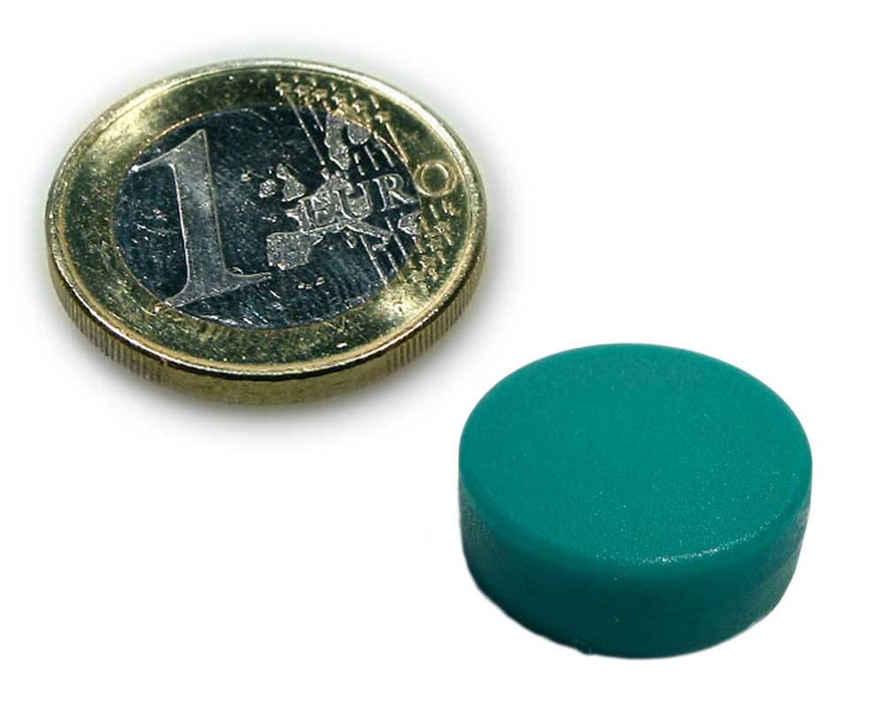 Neodym Magnet Ø 16,0 x 6,0 mm mit Kunststoffmantel - hält 2,6 kg - grün