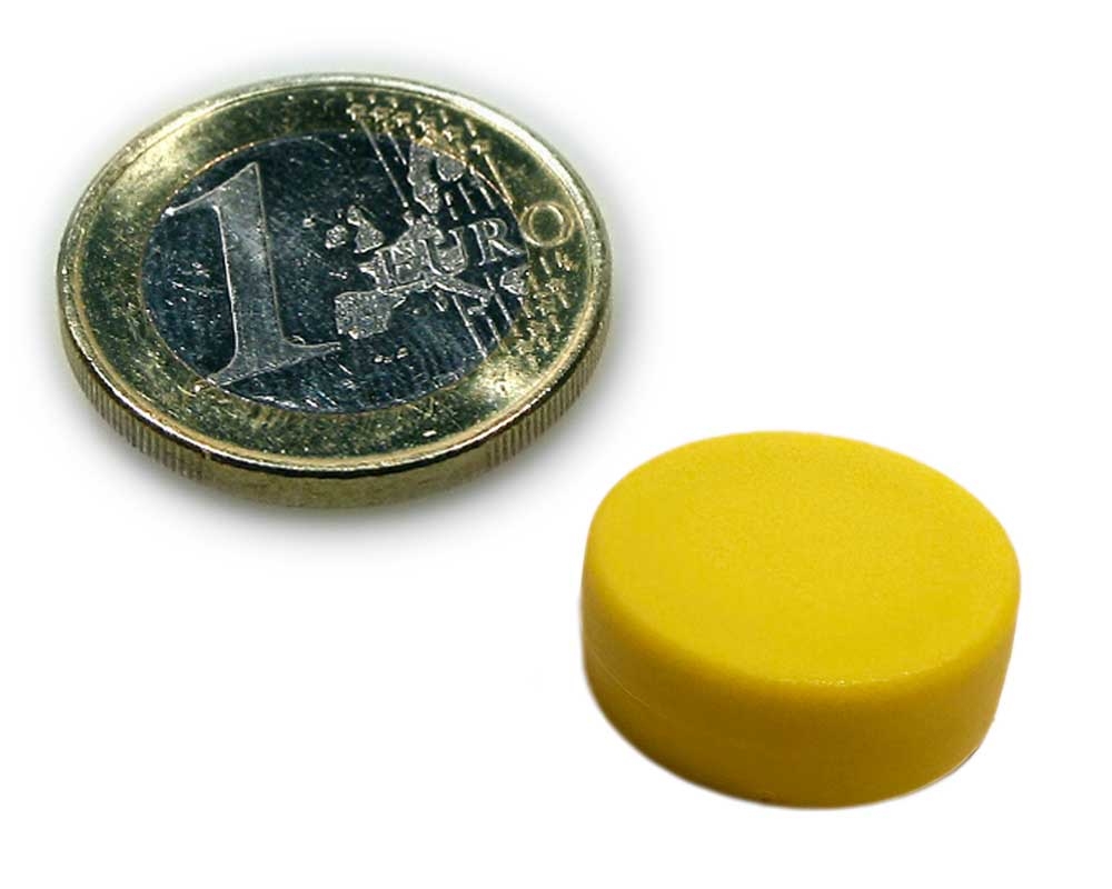Neodym Magnet Ø 16,0 x 6,0 mm mit Kunststoffmantel - hält 2,6 kg - gelb