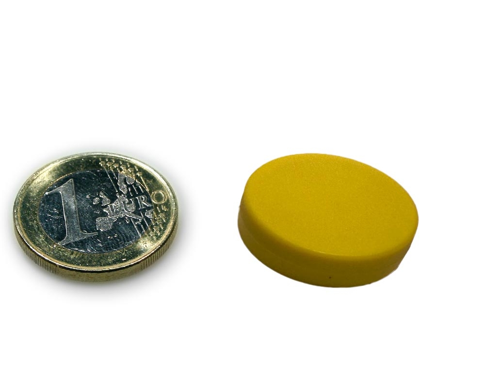 Neodym Magnet Ø 22,0 x 6,0 mm mit Kunststoffmantel - hält 4,2 kg - gelb