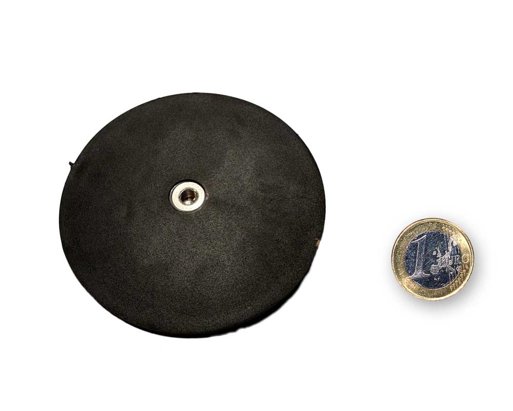 Neodym-Magnetsystem Ø 88 mm gummiert mit Innengewinde M6 hält 55,0 kg