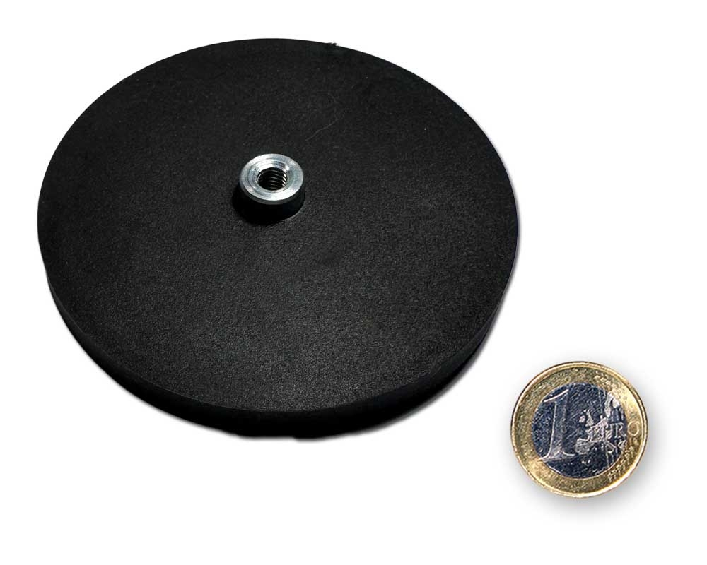 Neodym-Magnetsystem Ø 88 mm gummiert mit Gewindebuchse M6 hält 55,0 kg