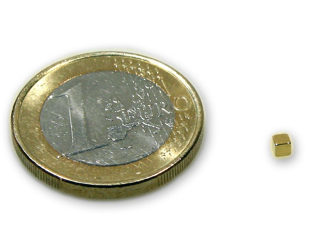 Würfelmagnet 2,0 x 2,0 x 2,0 mm Neodym N45 vergoldet - hält 100 g