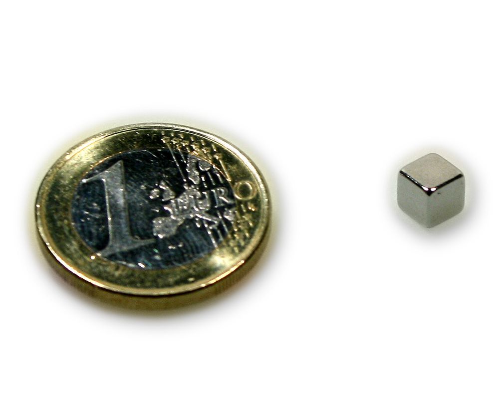 Würfelmagnet 5,0 x 5,0 x 5,0 mm Neodym N45 vernickelt - hält 1,6 kg