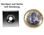 Quadermagnet 20,0 x 20,0 x 3,0 mm Neodym N35 vernickelt - 4,5 mm Senkloch Nord