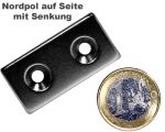 Quadermagnet 40,0 x 20,0 x 4,0 mm Neodym N35 vernickelt - 2 x 4,5 mm Senkl. Nord
